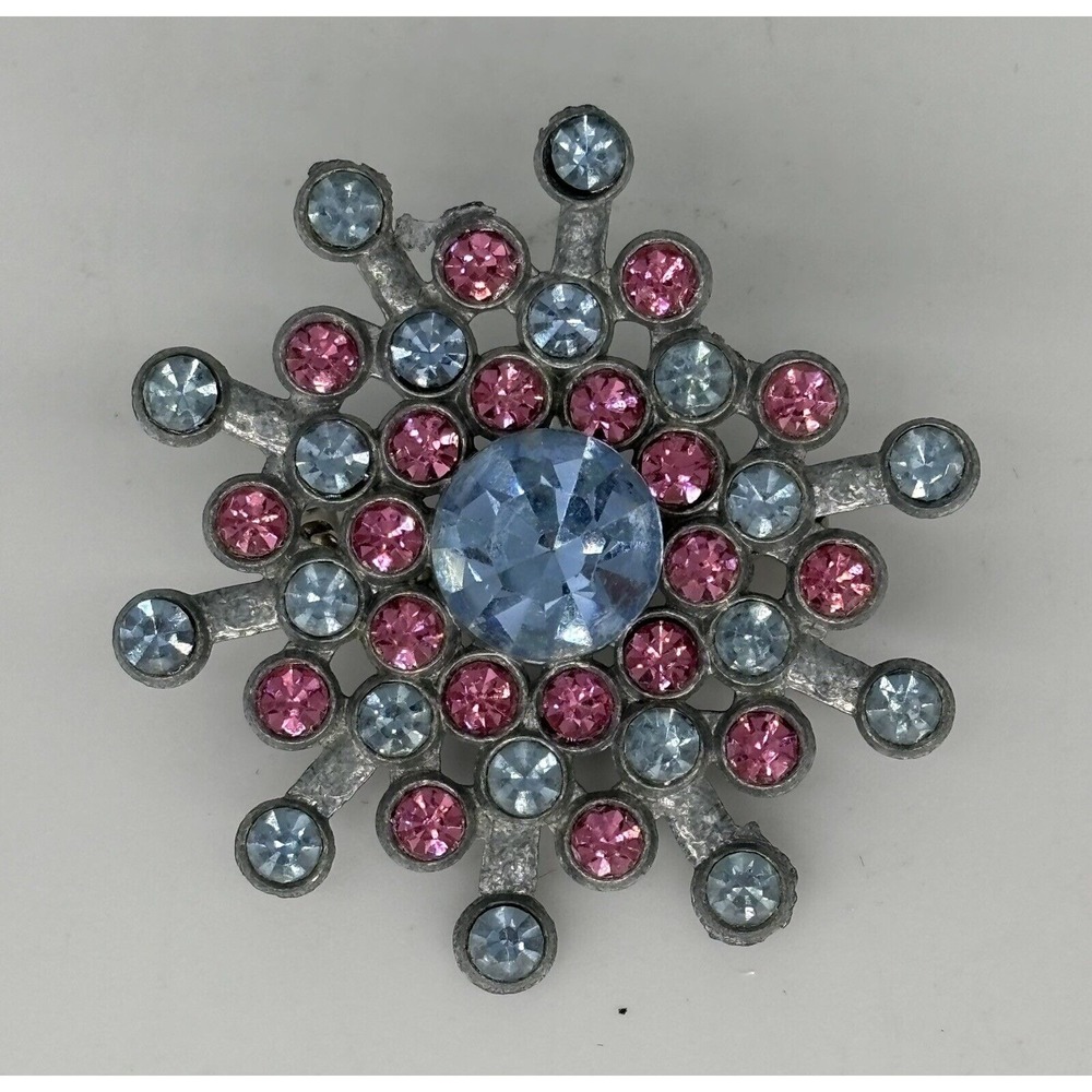 Vintage Prong Set‎ Brooch Pin Snowflake Blue & Pink Rhinestone Silver Tone MCT
